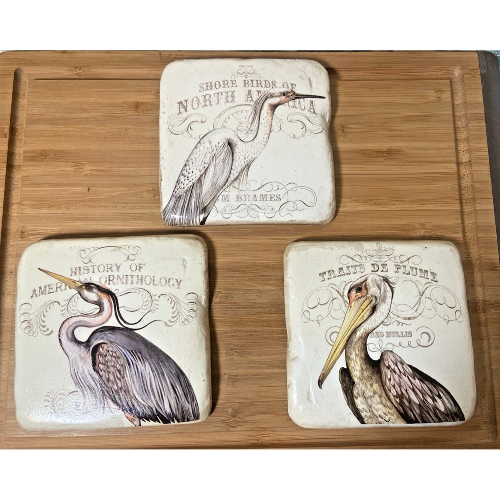Susan Winget Set of 3 Square Coasters with Birds with Cork Backing, Pre-Owned